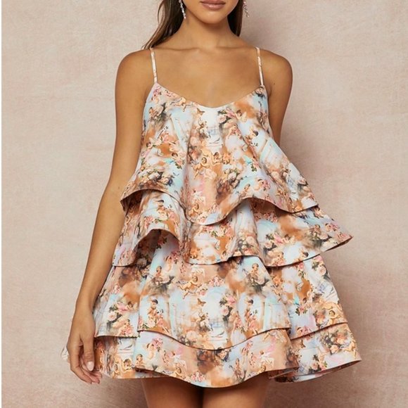 Couture Statement Maker! Figure & Floral Print Layer Hem Cami Mini Dress - Picture 2 of 7